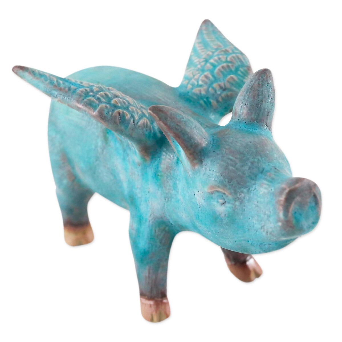 Handmade Ceramic Figurine Blue Flying Pig (Thailand)