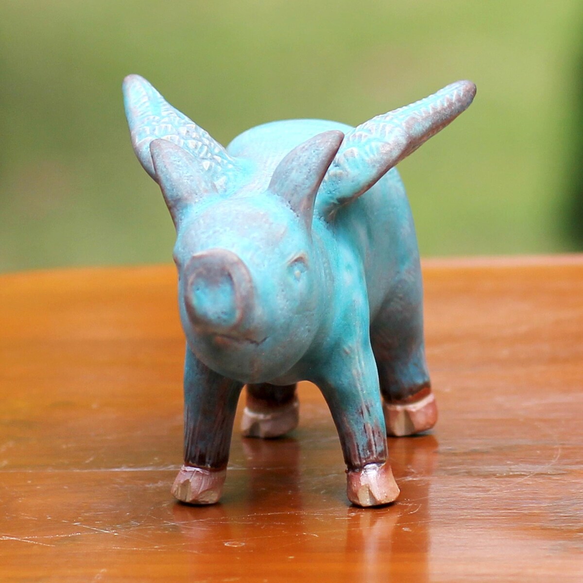 Handmade Ceramic Figurine Blue Flying Pig (Thailand)