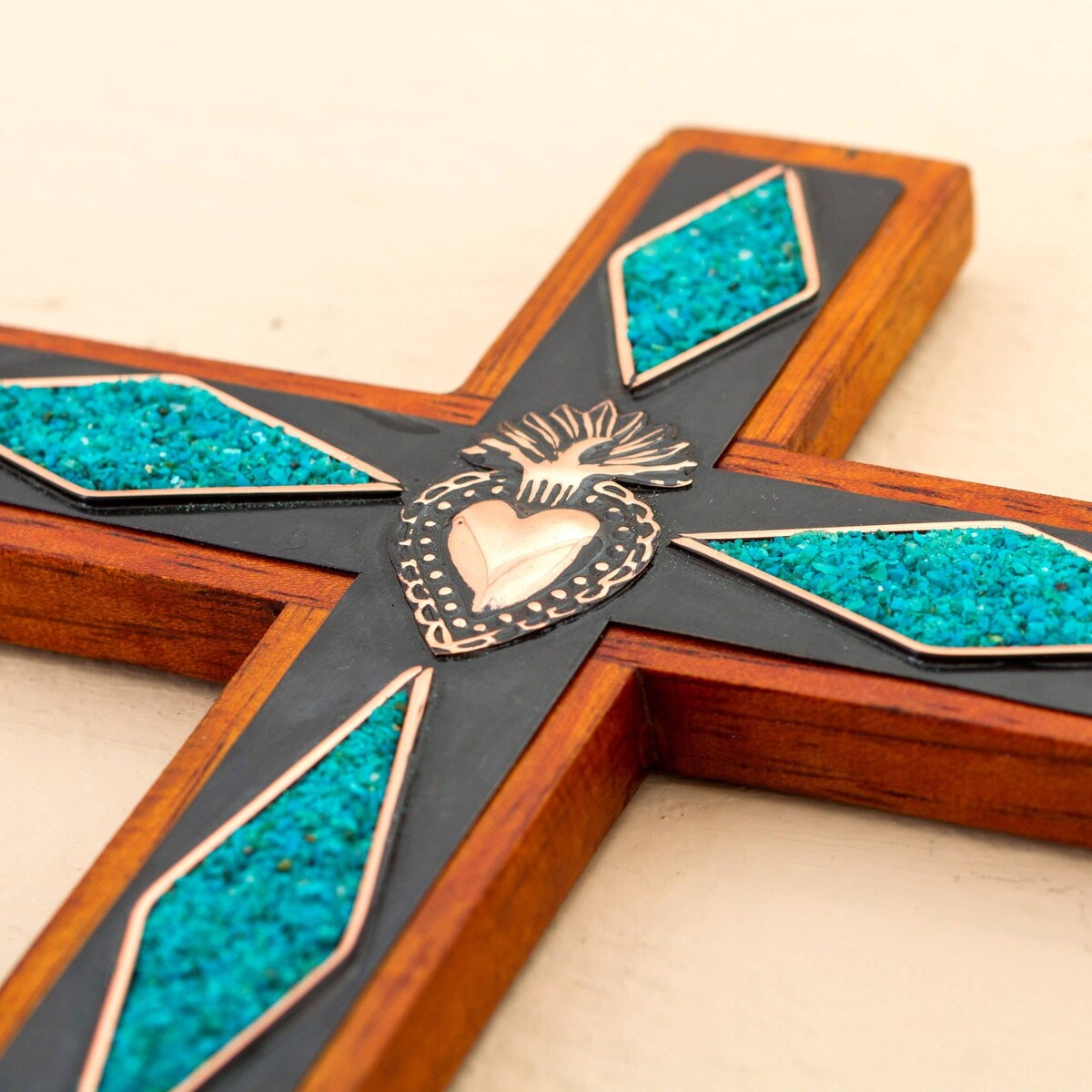 Handmade Chrysocolla Cross Chrysocolla And Copper Wall Cross (Peru) - 7" H x 4.7" W x 0.3" D