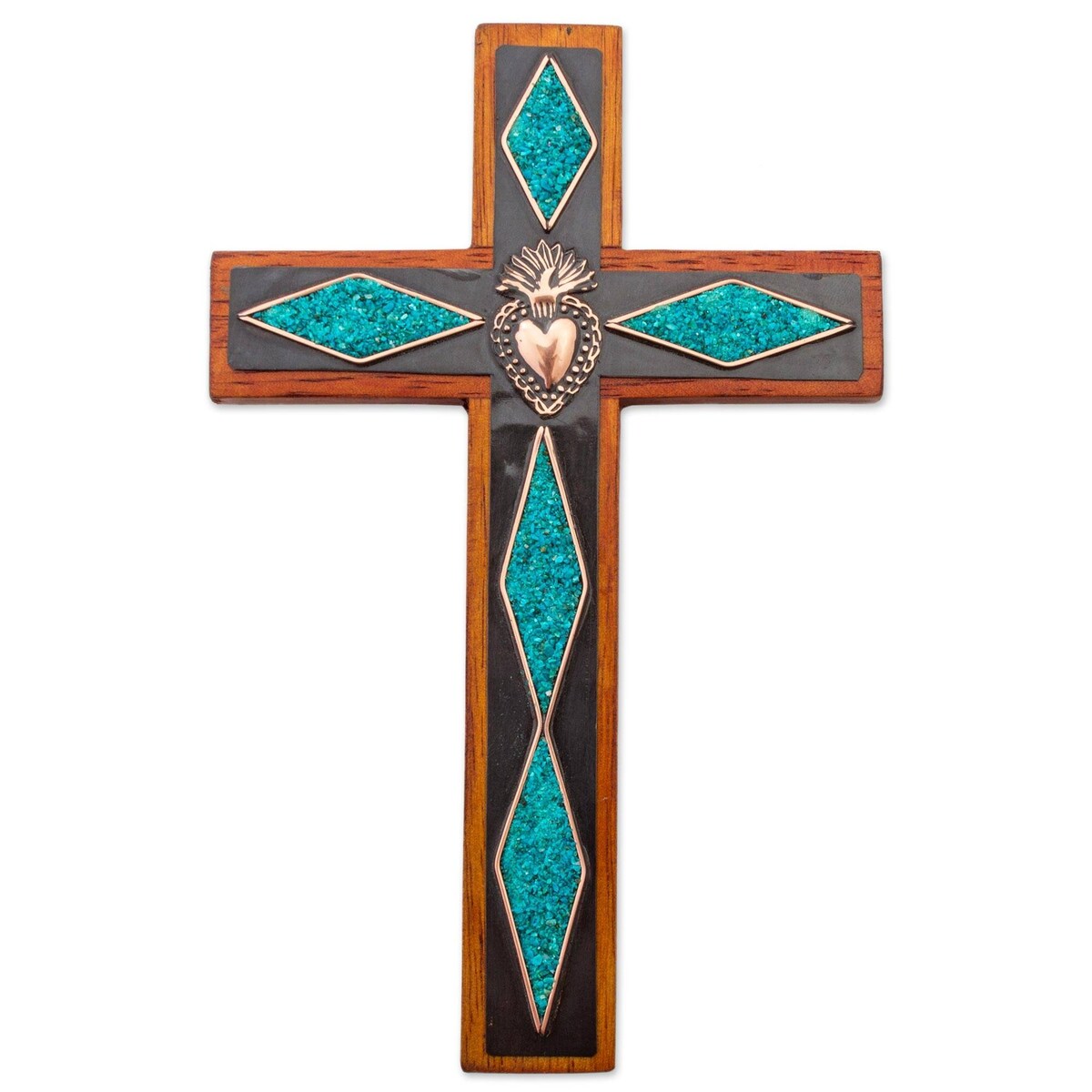 Handmade Chrysocolla Cross Chrysocolla And Copper Wall Cross (Peru) - 7" H x 4.7" W x 0.3" D