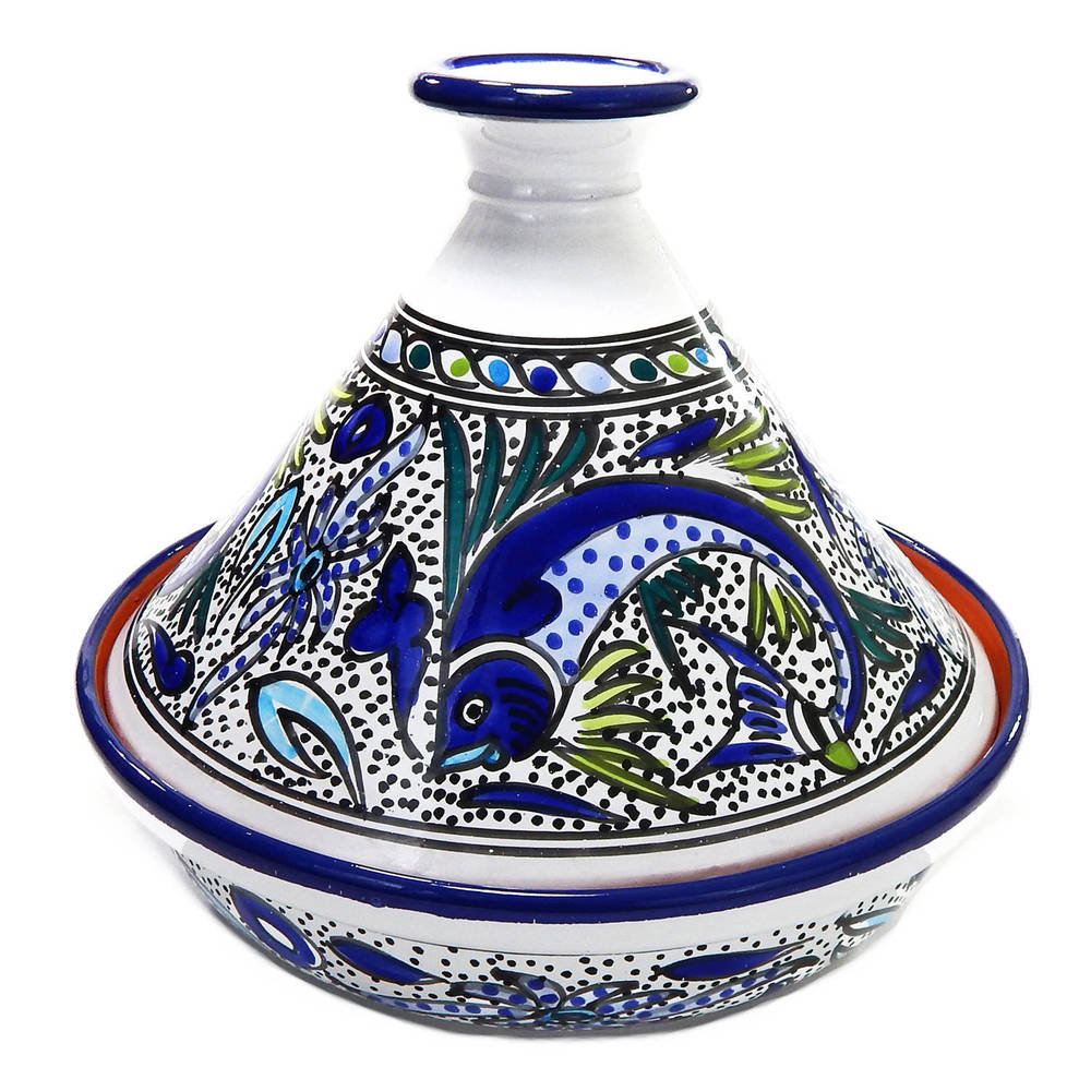 Handmade Cookable Tagine-30 - Aqua Fish Design, by Le Souk Ceramnique (Tunisia)