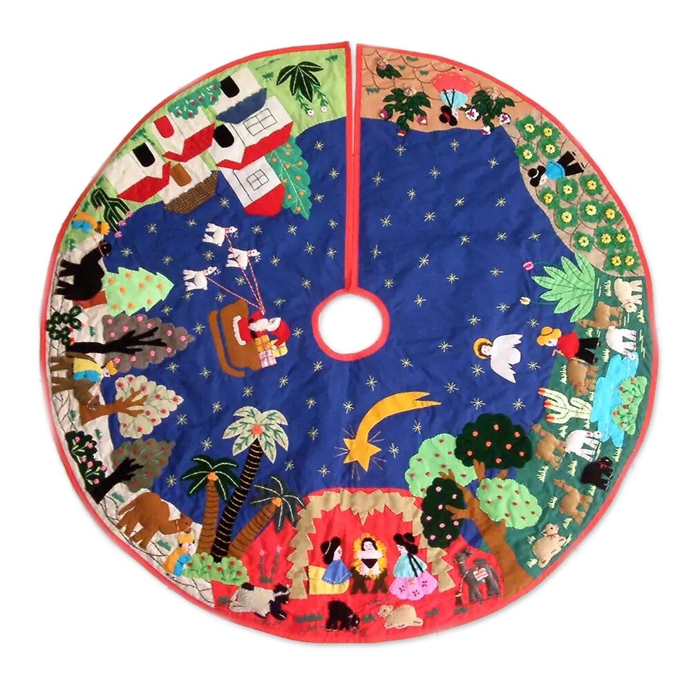 Handmade Cotton in Bethlehem Applique Christmas Tree Skirt (Peru)