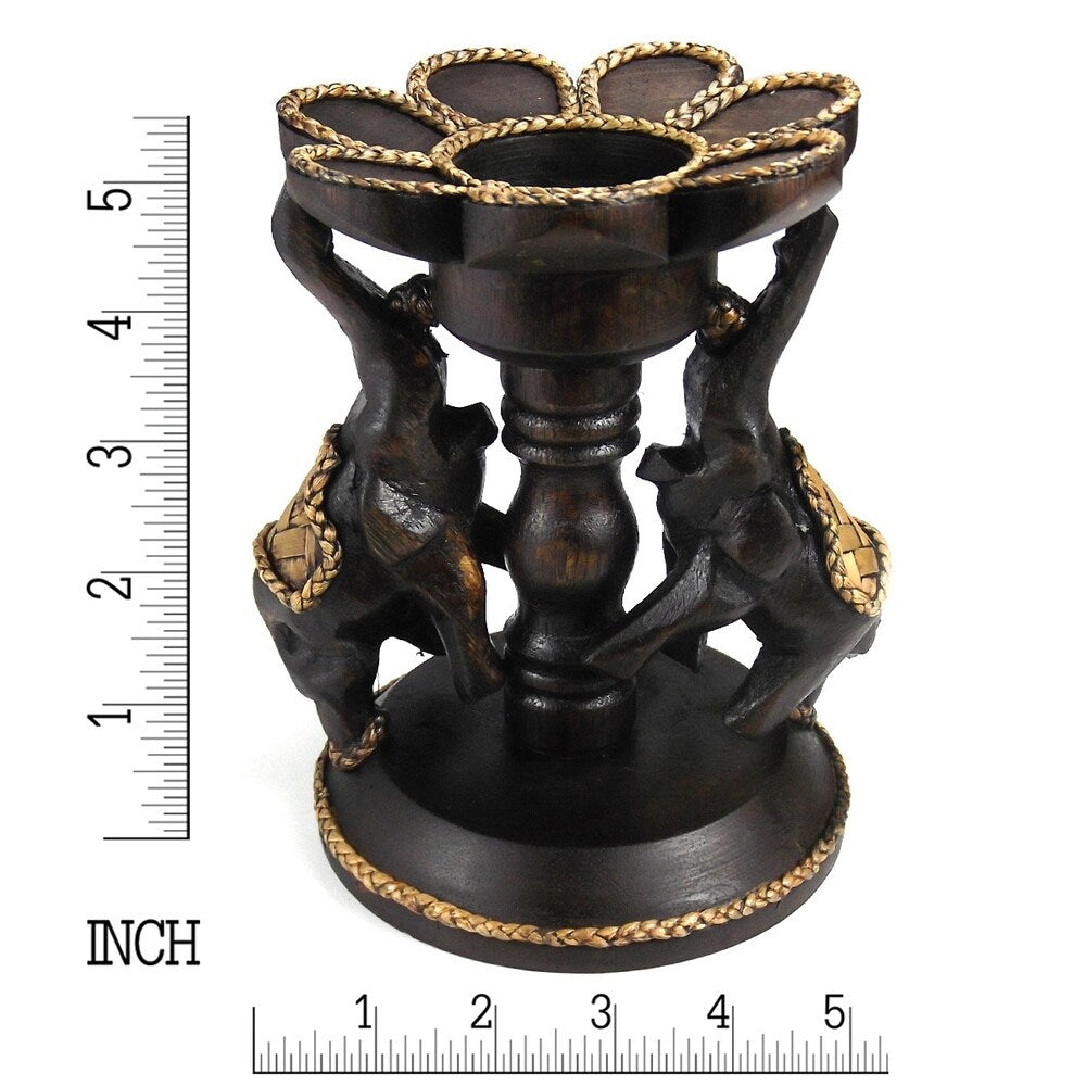 Handmade Decorative Elephants Flower Rain Tree Wooden Candle Holder Centerpiece (Thailand) - Brown