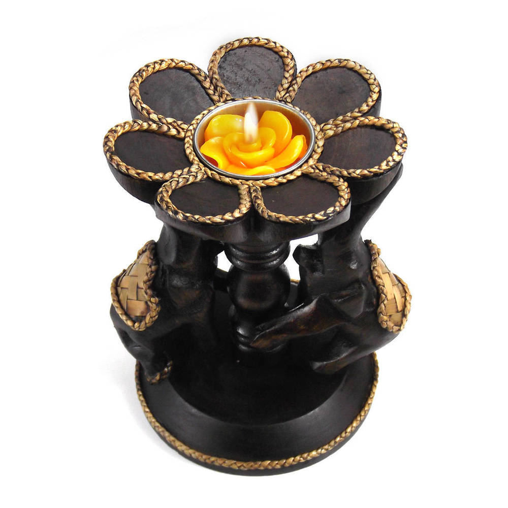 Handmade Decorative Elephants Flower Rain Tree Wooden Candle Holder Centerpiece (Thailand) - Brown