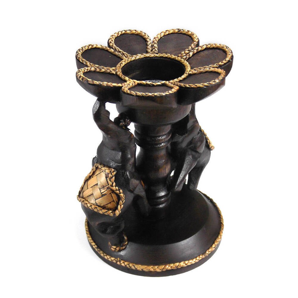 Handmade Decorative Elephants Flower Rain Tree Wooden Candle Holder Centerpiece (Thailand) - Brown