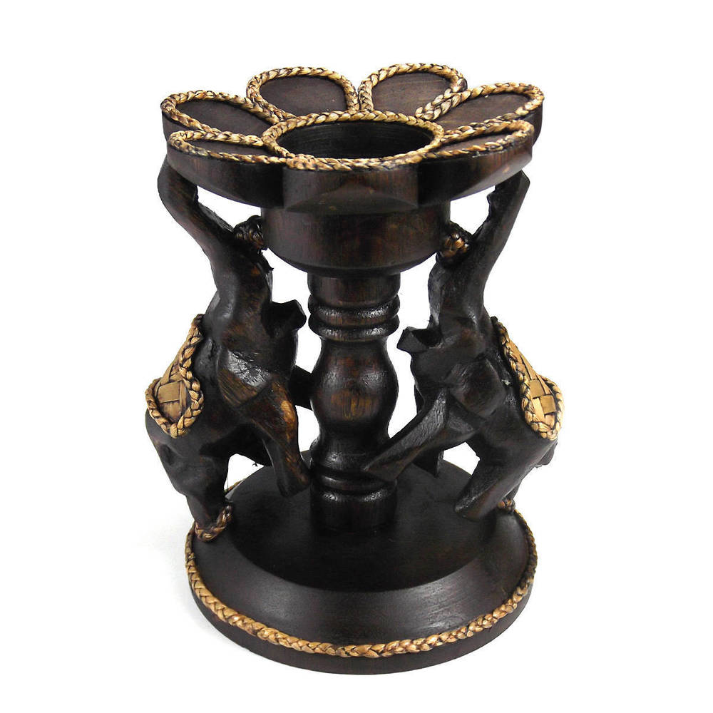 Handmade Decorative Elephants Flower Rain Tree Wooden Candle Holder Centerpiece (Thailand) - Brown