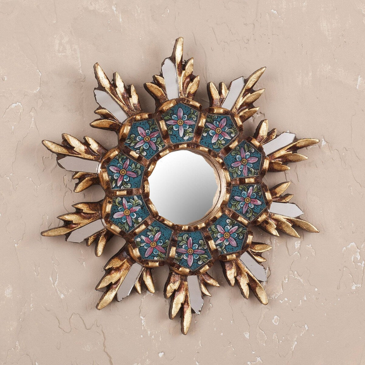 Handmade Cuzco Snowflake Wood And Reverse Painted Glass Wall Mirror (Peru) - 7.75" H x 7.75" W x 1.2" D