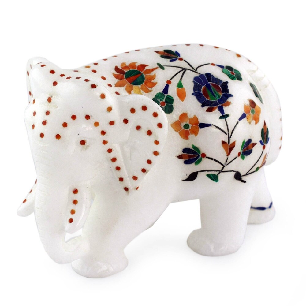 Handmade Elephant Wanders Marble Inlay Sculpture (India)