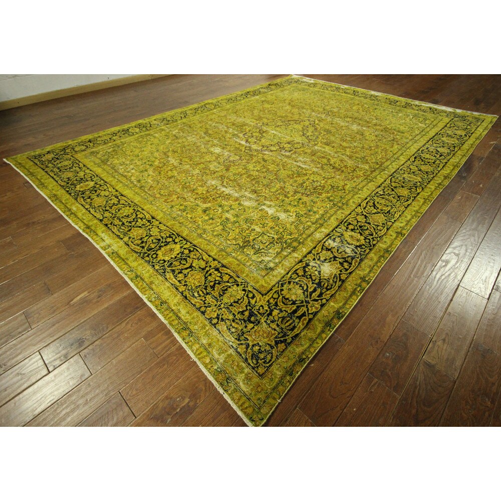 Handmade Floral Green Wool Overdyed Rug - 10' x 13'