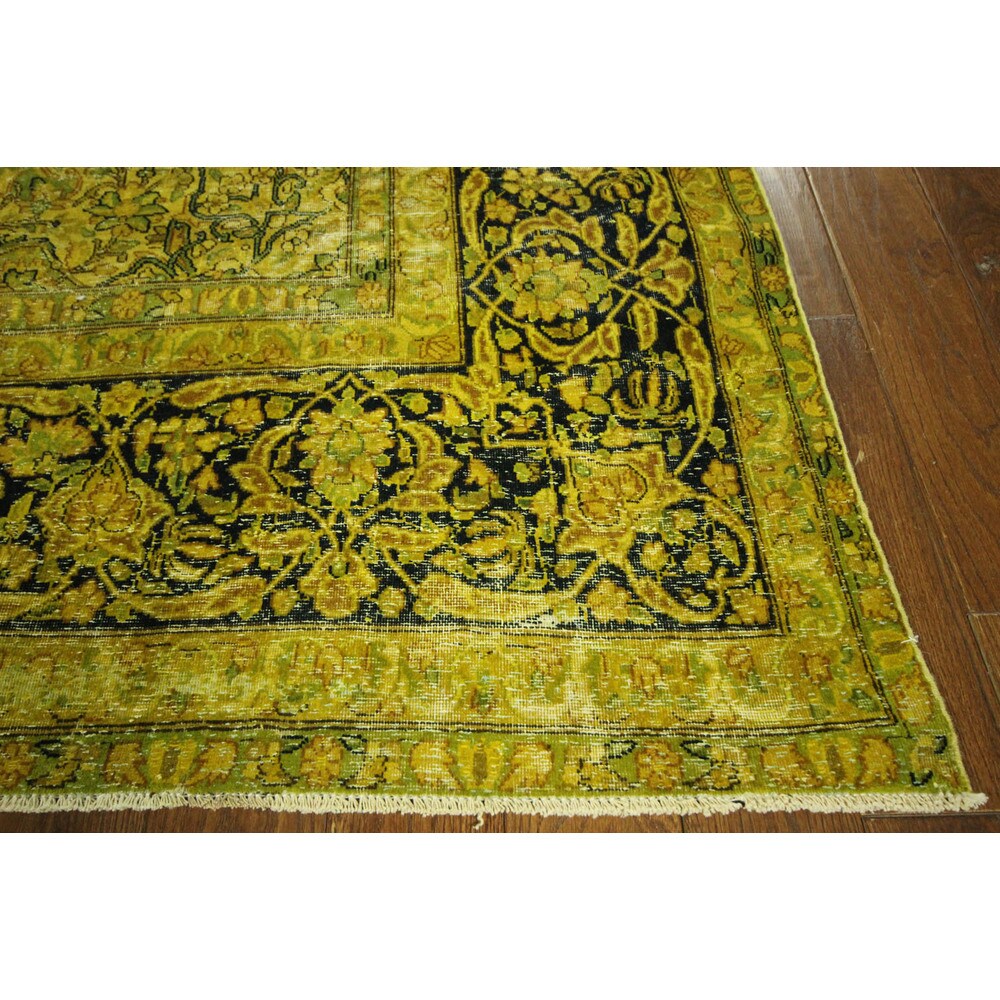 Handmade Floral Green Wool Overdyed Rug - 10' x 13'