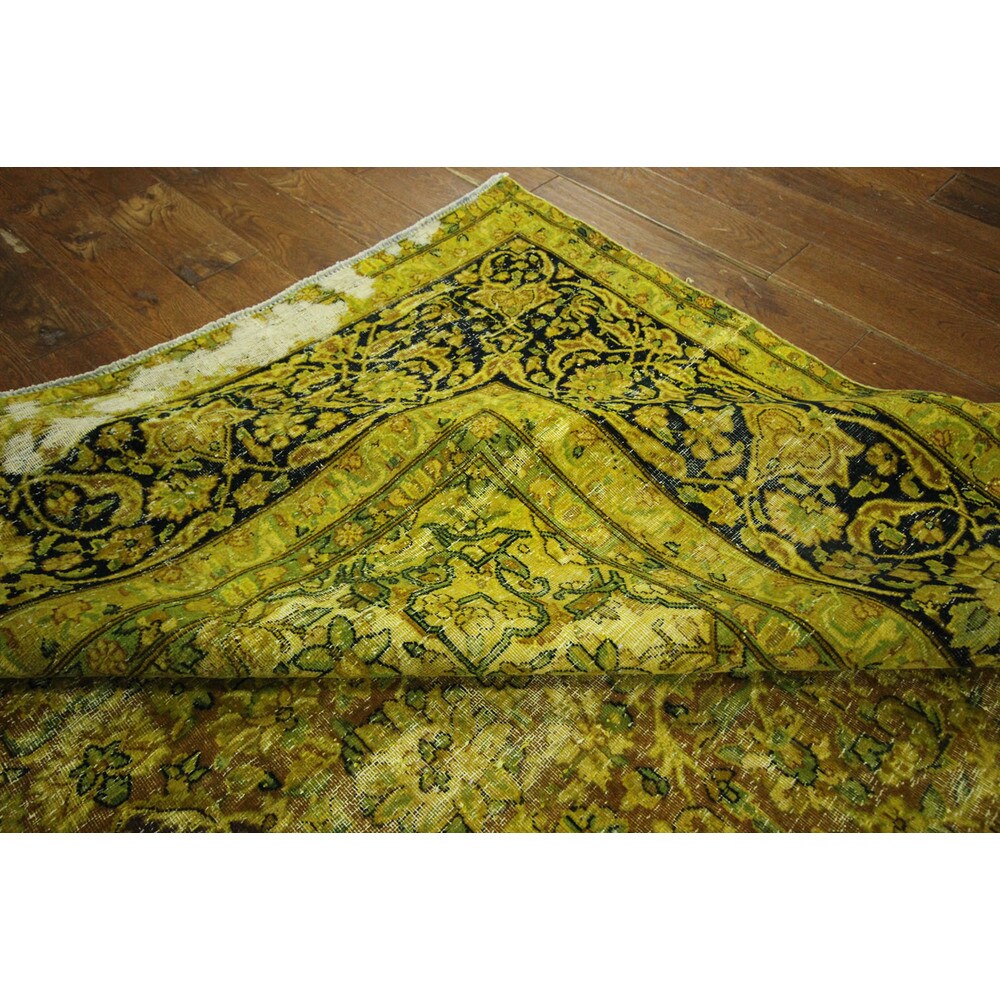 Handmade Floral Green Wool Overdyed Rug - 10' x 13'