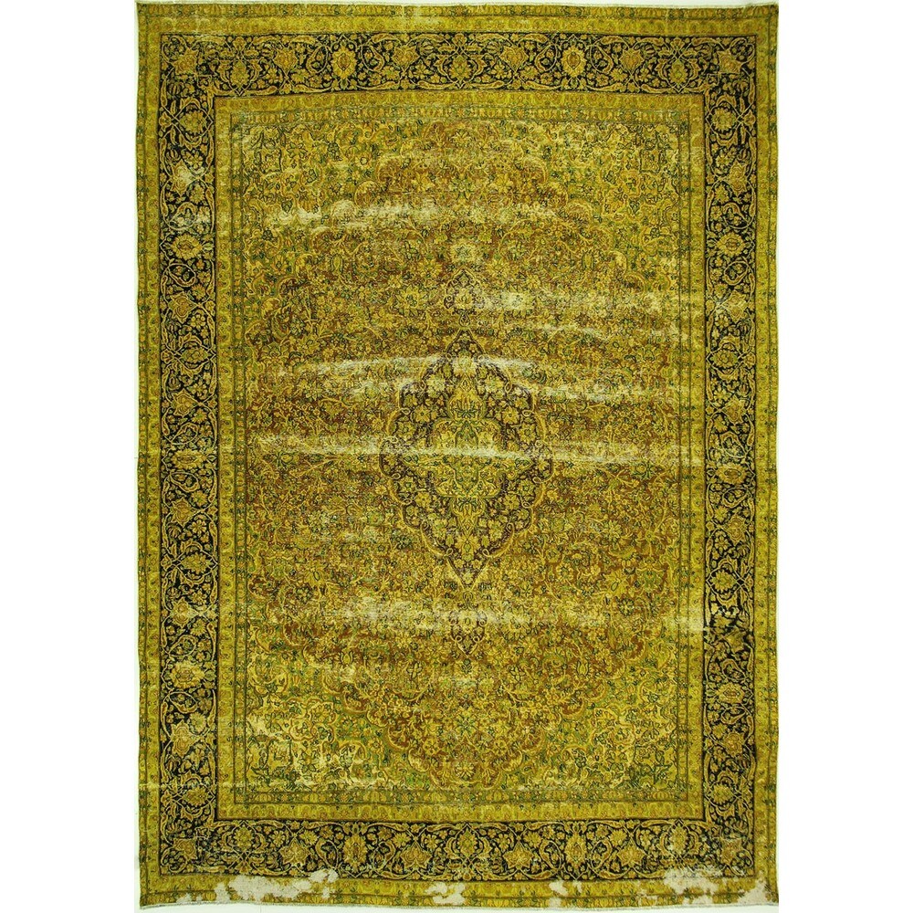 Handmade Floral Green Wool Overdyed Rug - 10' x 13'