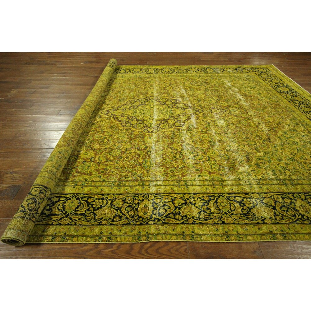 Handmade Floral Green Wool Overdyed Rug - 10' x 13'