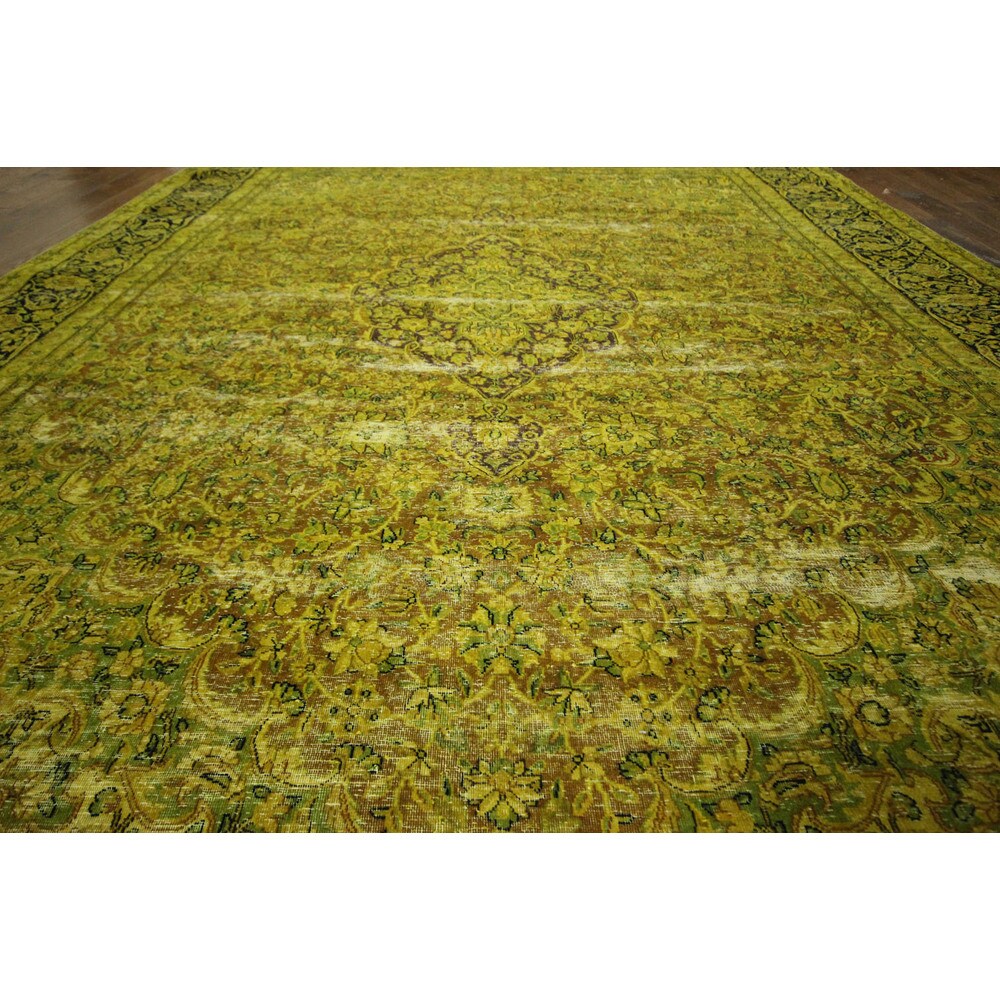 Handmade Floral Green Wool Overdyed Rug - 10' x 13'