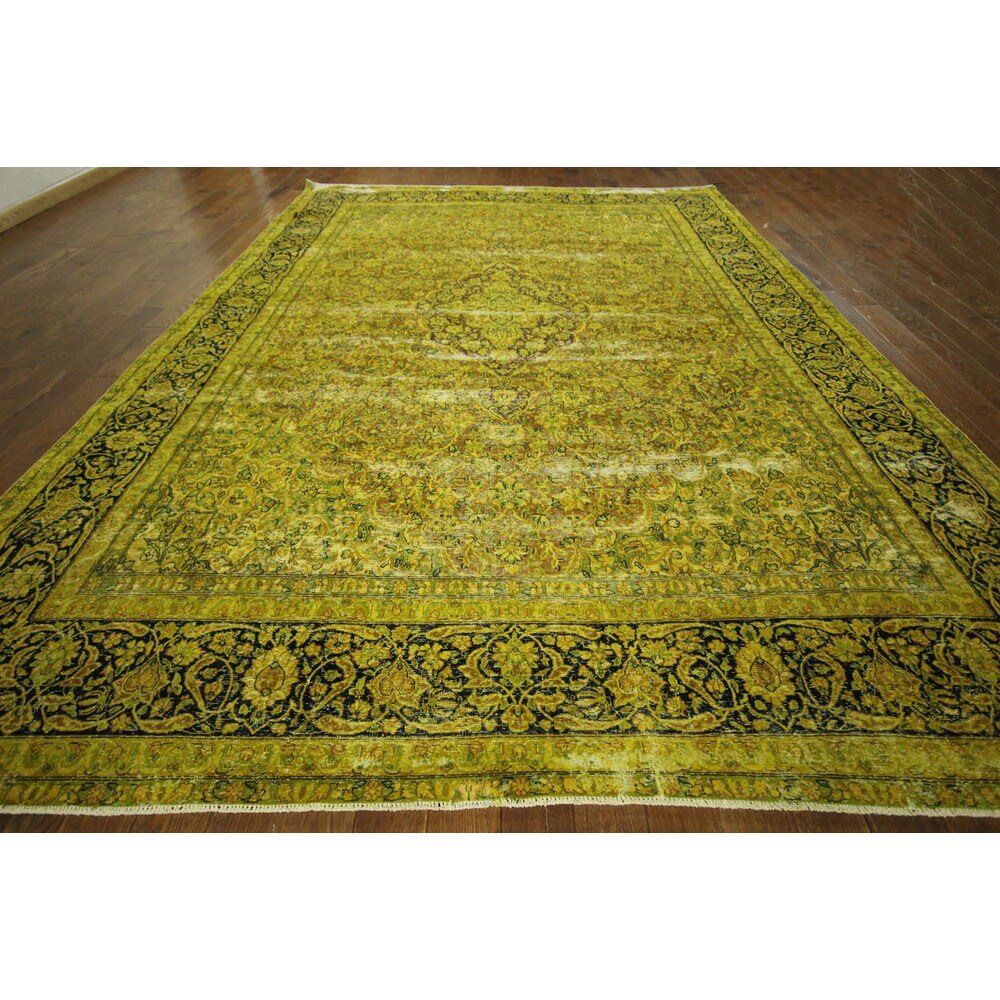 Handmade Floral Green Wool Overdyed Rug - 10' x 13'