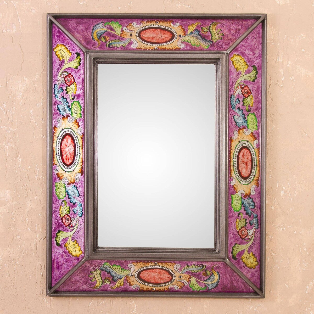 NOVICA Floral Medallions In Purple Reverse-Painted Glass Wall Mirror