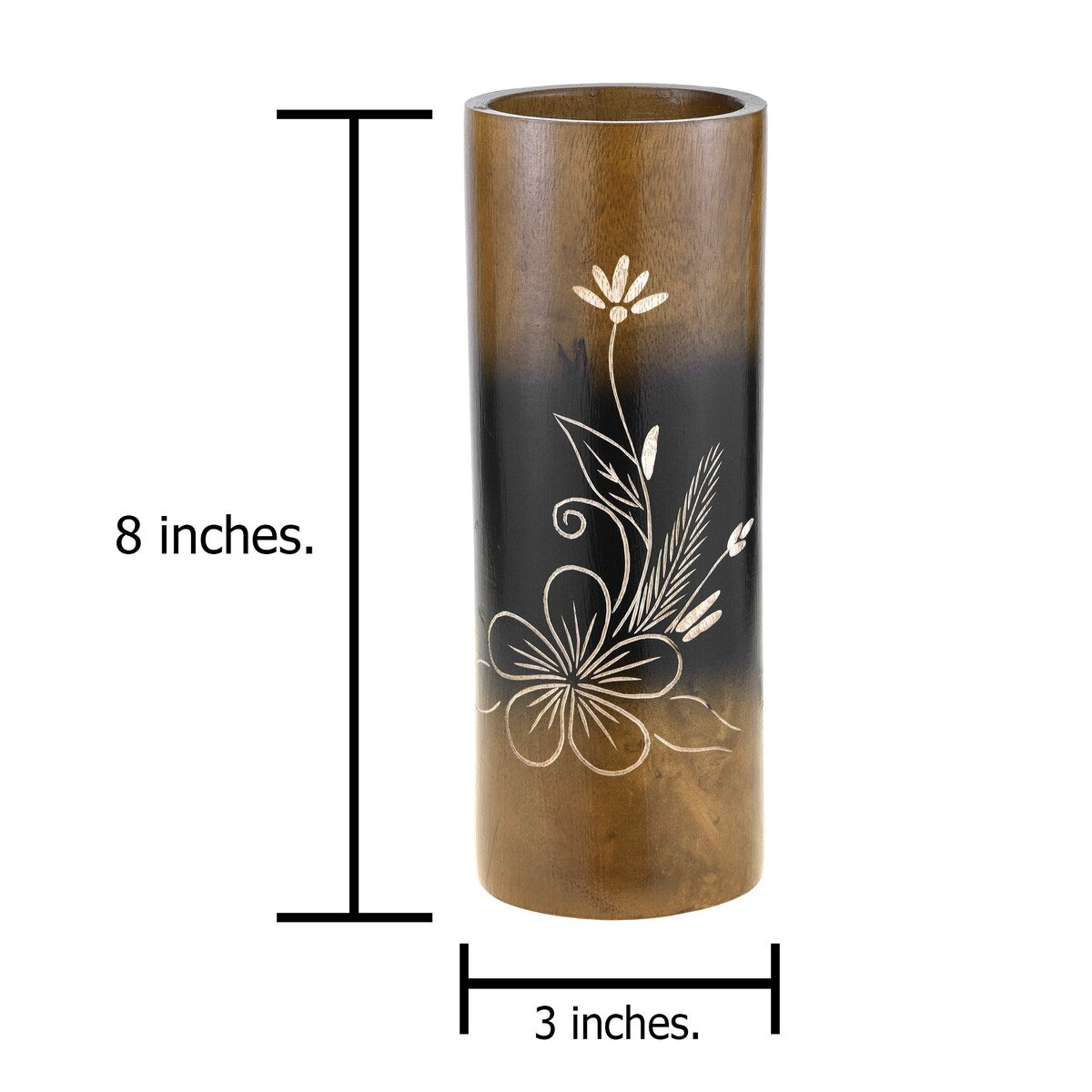Handmade Flourished Plumeria Flower Brown Cylindrical 8-inch Mango Tree Wood Vase (Thailand)