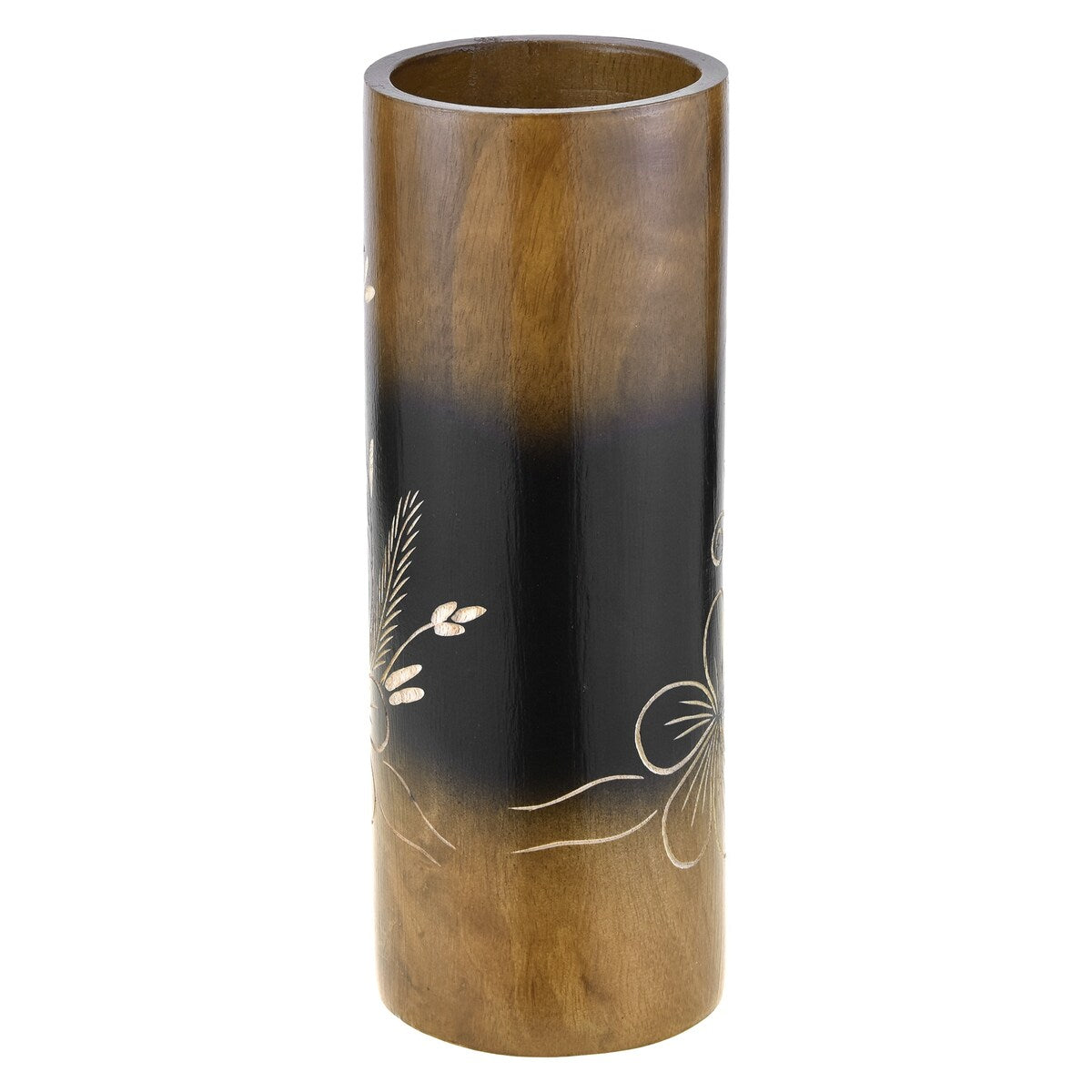 Handmade Flourished Plumeria Flower Brown Cylindrical 8-inch Mango Tree Wood Vase (Thailand)