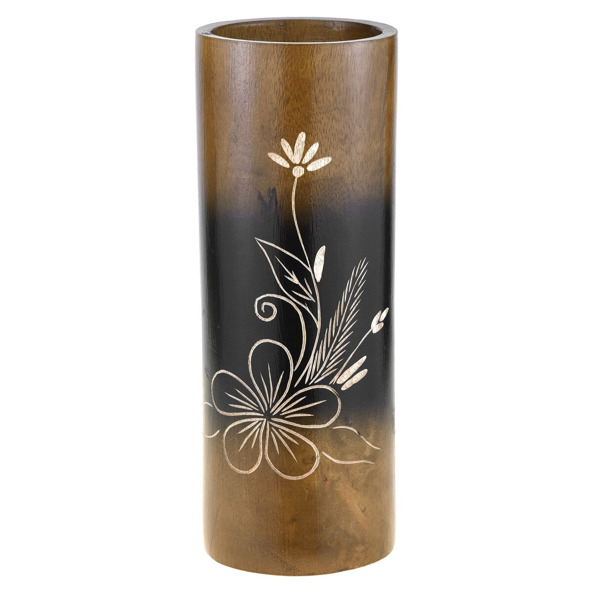 Handmade Flourished Plumeria Flower Brown Cylindrical 8-inch Mango Tree Wood Vase (Thailand)