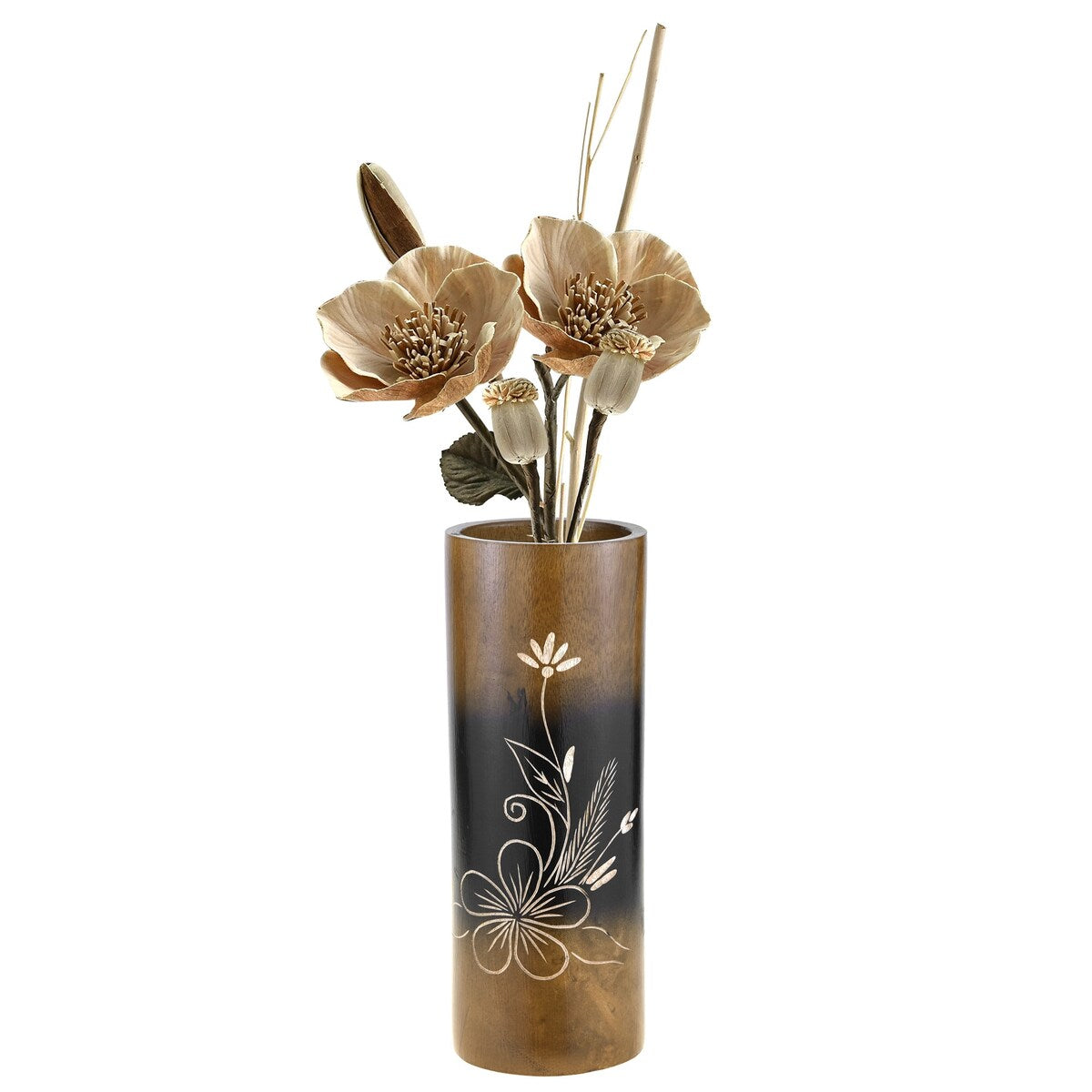 Handmade Flourished Plumeria Flower Brown Cylindrical 8-inch Mango Tree Wood Vase (Thailand)