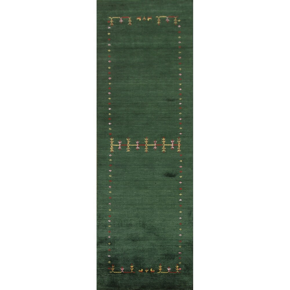 Handmade Green Gabbeh Runner Rug Oriental Silk Carpet - 2'6"x 9'10"
