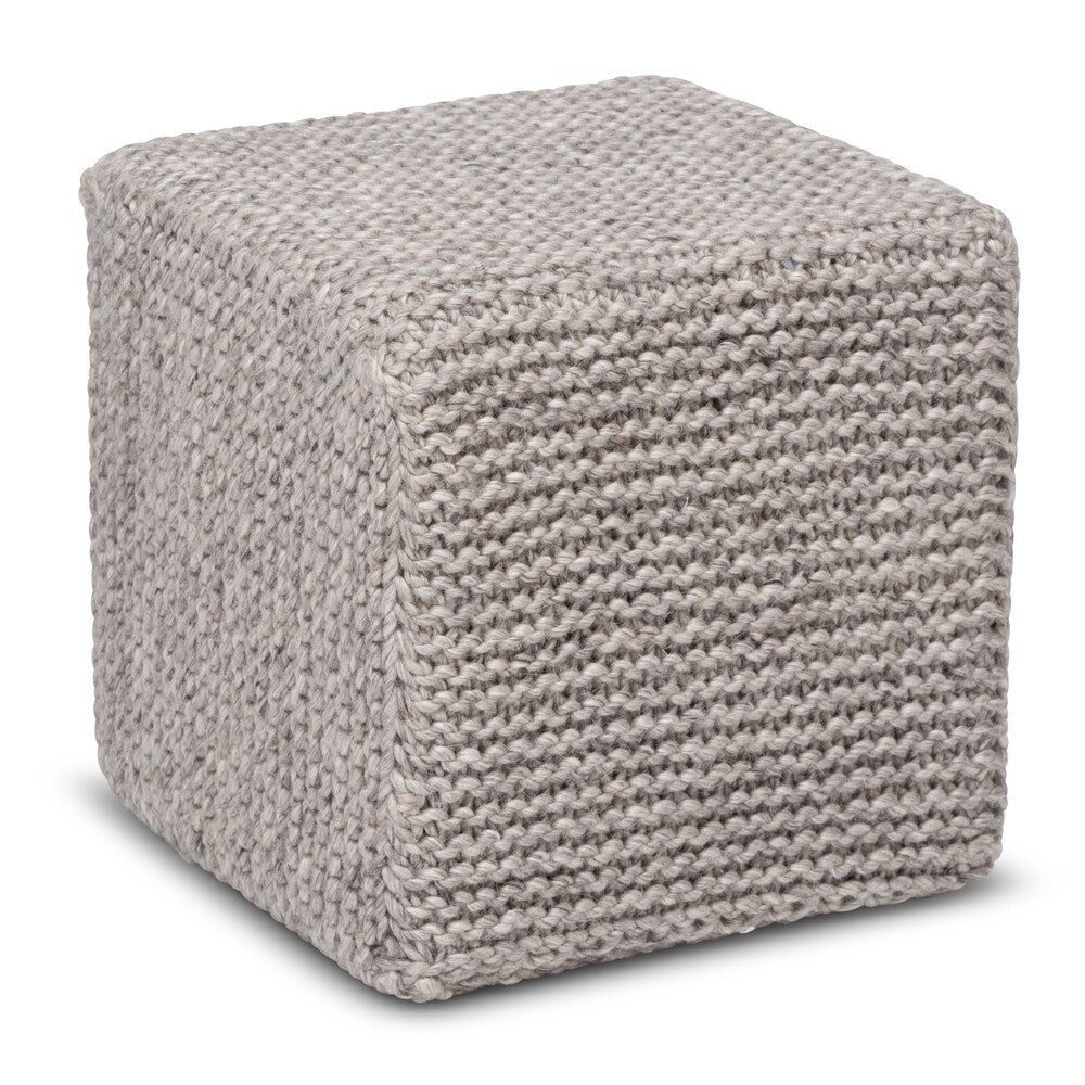 Handmade Grey Cross knit Square Wool Ottoman Pouf