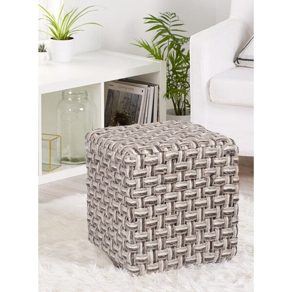Handmade Grey Ivory Cross Knit Wool Ottoman Pouf