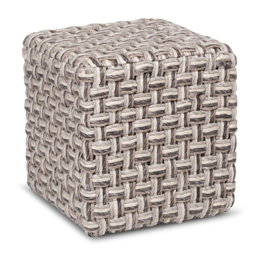 Handmade Grey Ivory Cross Knit Wool Ottoman Pouf