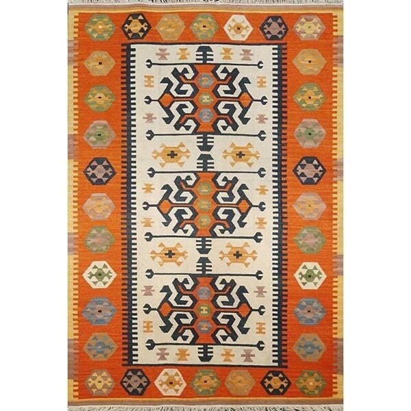 Handmade Hereke Kilim Orange Wool Area Rug