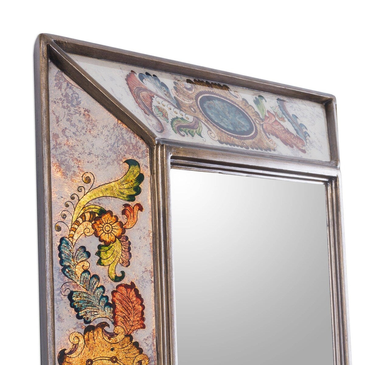 Handmade Ivory Floral Medallions Reverse Painted Glass Wall Mirror (Peru) - Multi