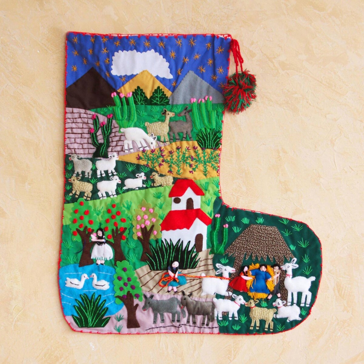 Applique Christmas stocking, 'Manger in Peru'