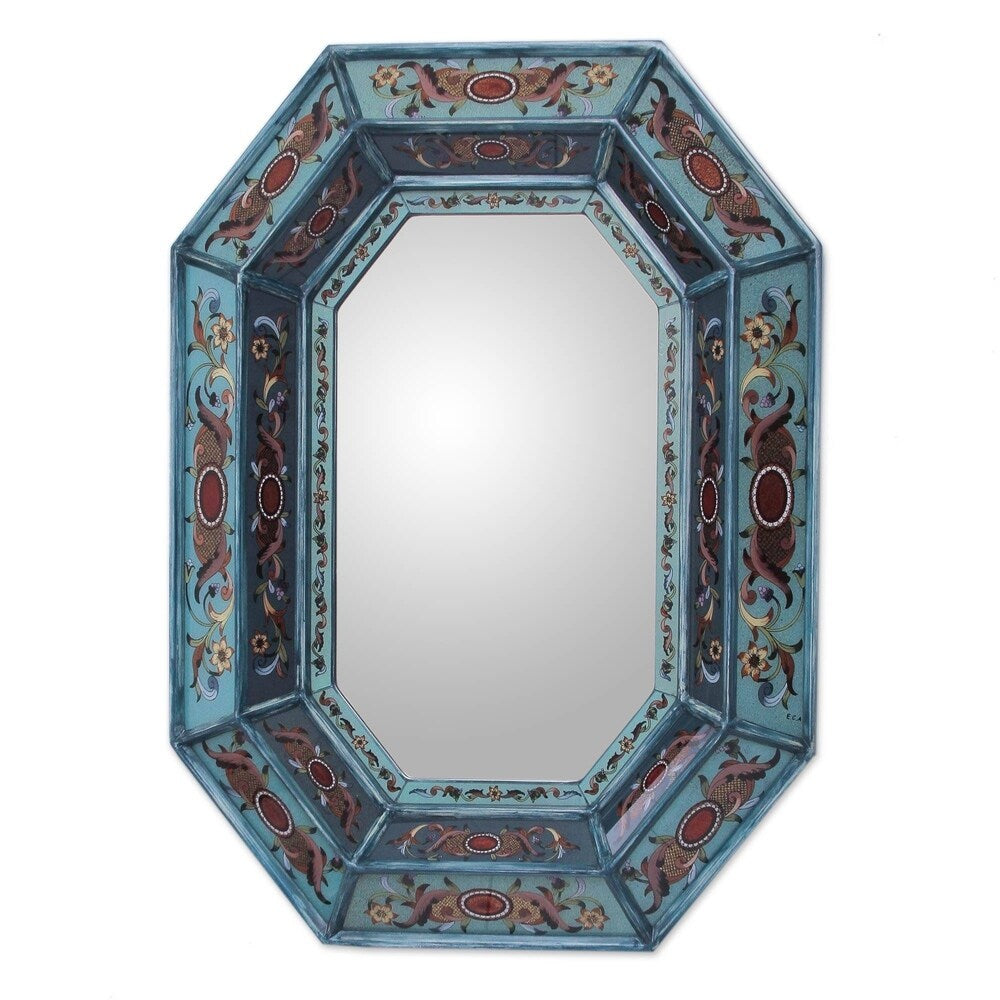 Nautical Blue Artisan Decor Reverse Painted Glass Red Hued Floral Hallway Bedroom Bathroom