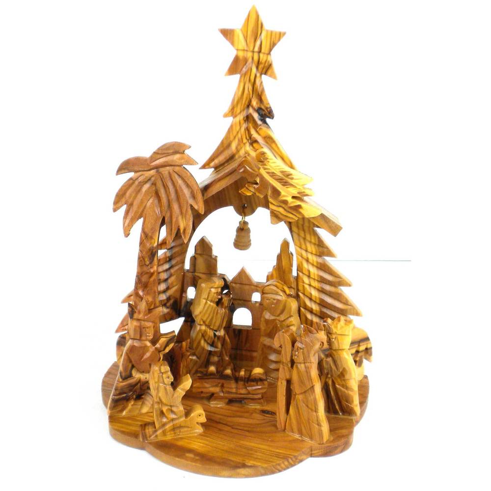 Handmade Olive Wood Nativity with Bell, Angel, Tree and Star (West Bank)
