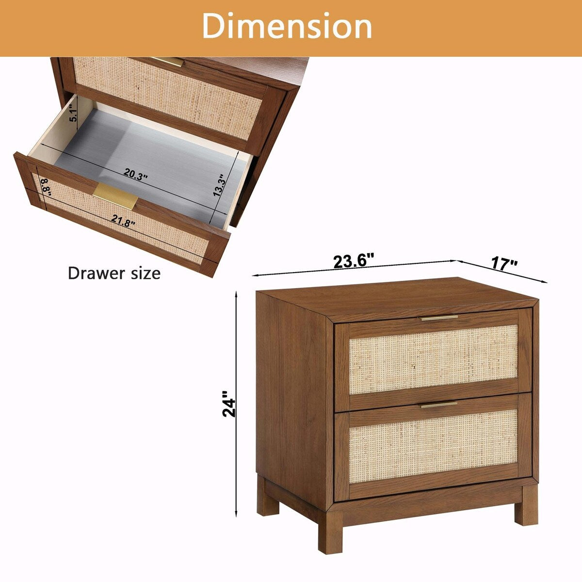 Handmade Rattan Nightstand - Wood End Table with 2 Decorated Drawers