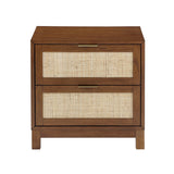 Handmade Rattan Nightstand - Wood End Table with 2 Decorated Drawers