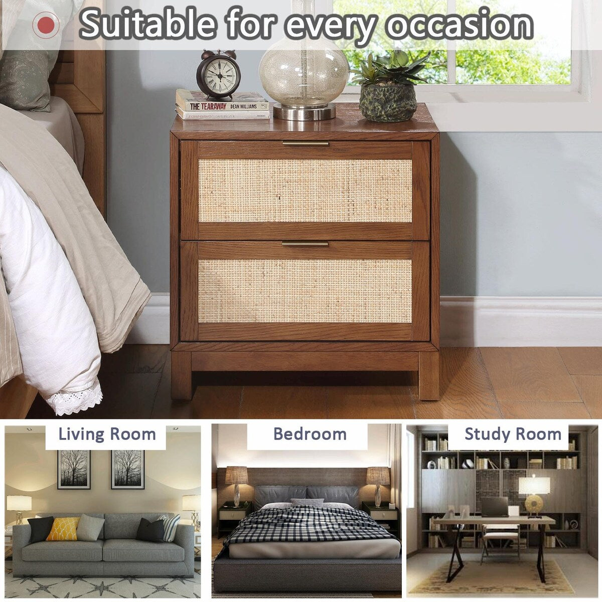 Handmade Rattan Nightstand - Wood End Table with 2 Decorated Drawers