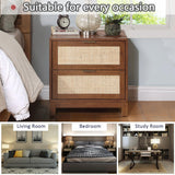 Handmade Rattan Nightstand - Wood End Table with 2 Decorated Drawers