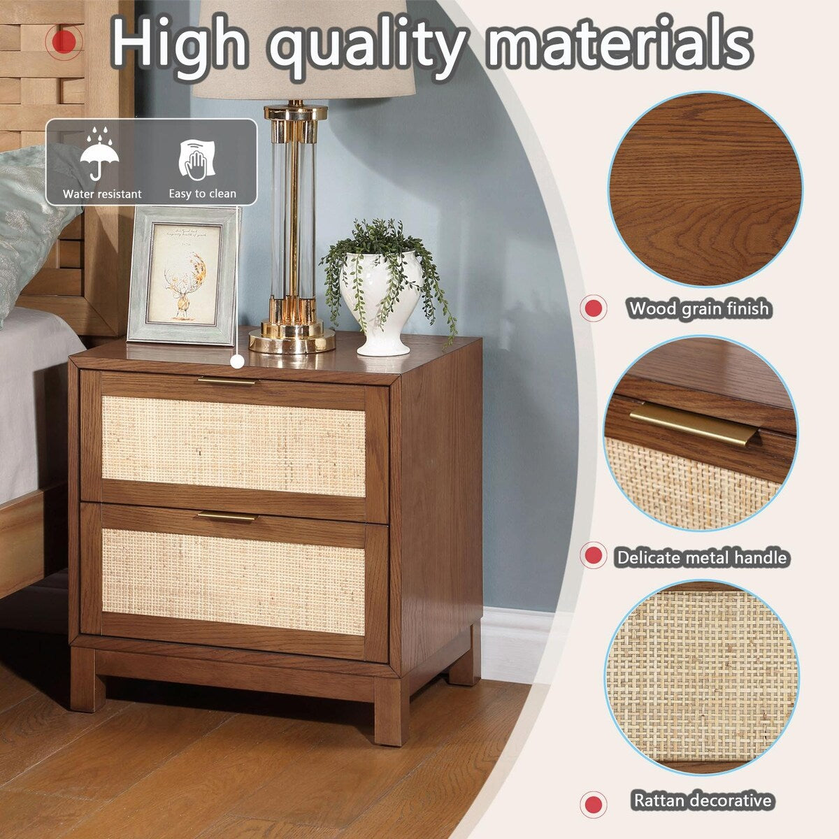 Handmade Rattan Nightstand - Wood End Table with 2 Decorated Drawers