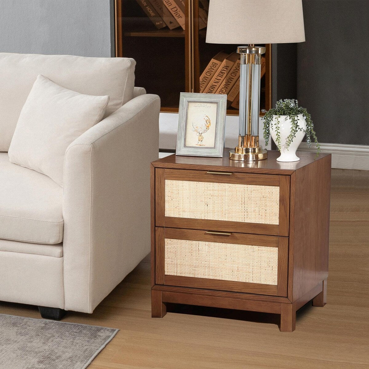 Handmade Rattan Nightstand - Wood End Table with 2 Decorated Drawers