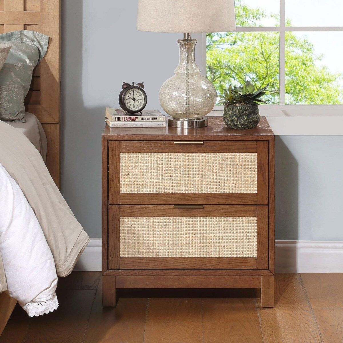 Handmade Rattan Nightstand - Wood End Table with 2 Decorated Drawers