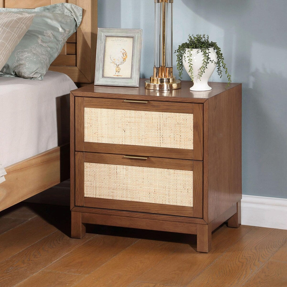 Handmade Rattan Nightstand - Wood End Table with 2 Decorated Drawers
