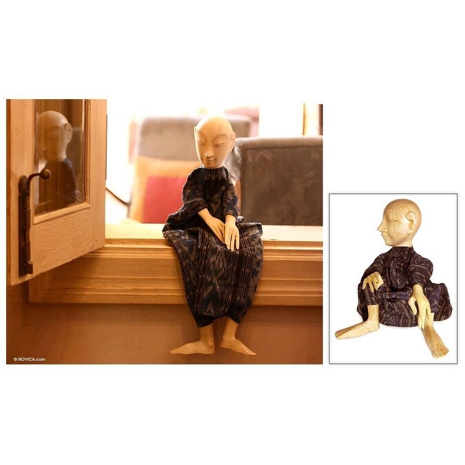 Handmade Serene Man Wood display doll (Indonesia) - Folded: 5.5" H x 5" W x 5" D