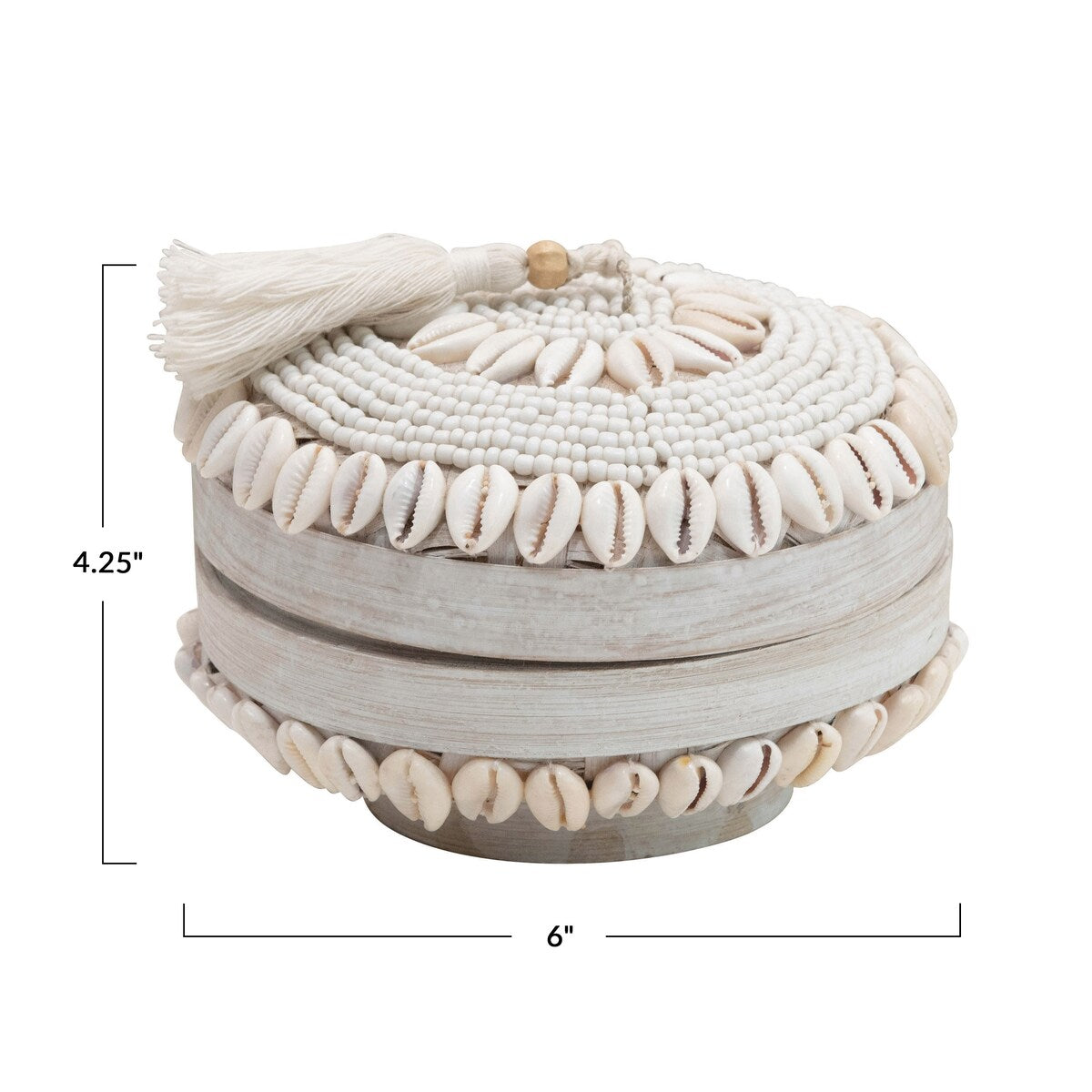 Handmade Shell & Bamboo Container with Lid, White