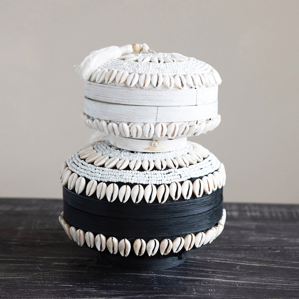 Handmade Shell & Bamboo Container with Lid, White