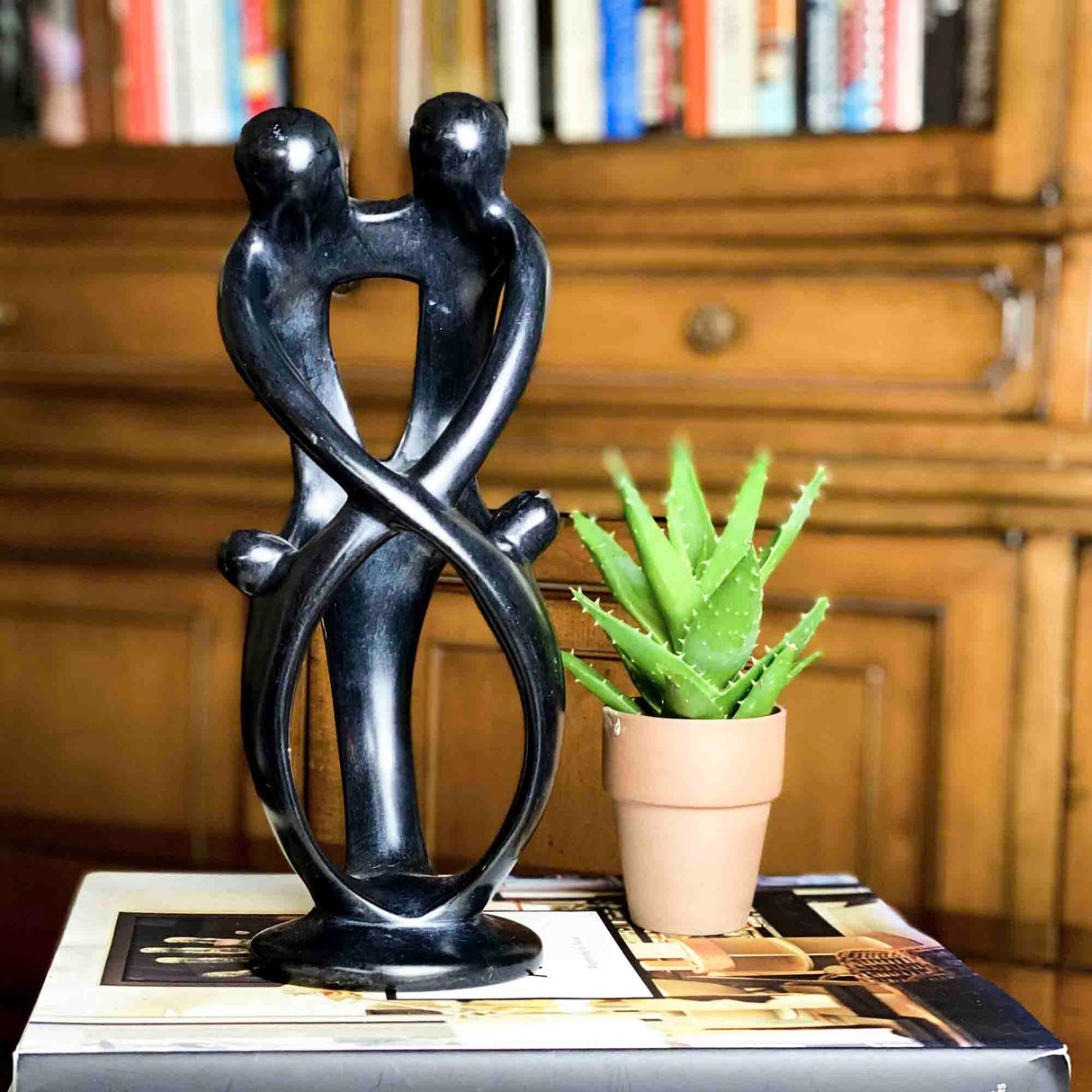 Handmade Soapstone Family Sculpture, Black Finish