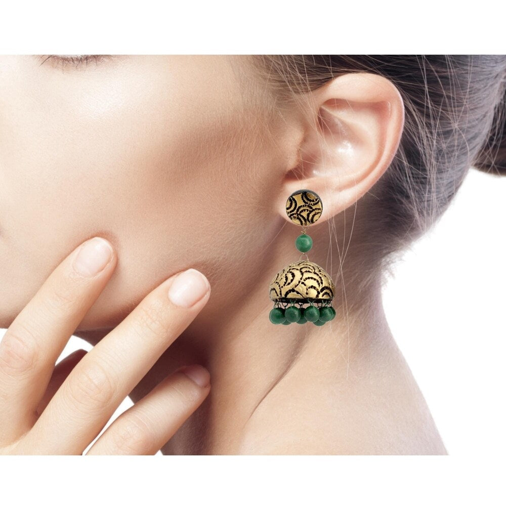 Handmade Sterling Silver Ceramic Golden Scallop Earrings (India) - 2*1