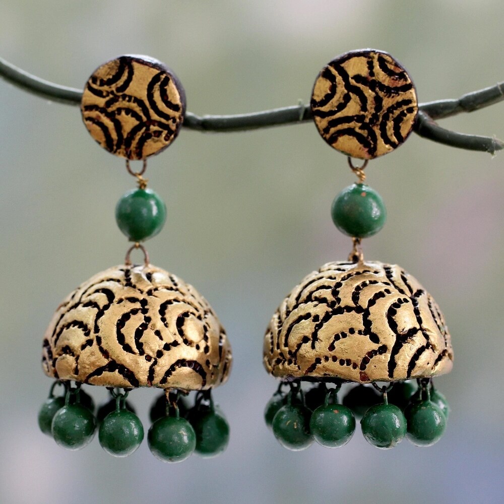 Handmade Sterling Silver Ceramic Golden Scallop Earrings (India) - 2*1