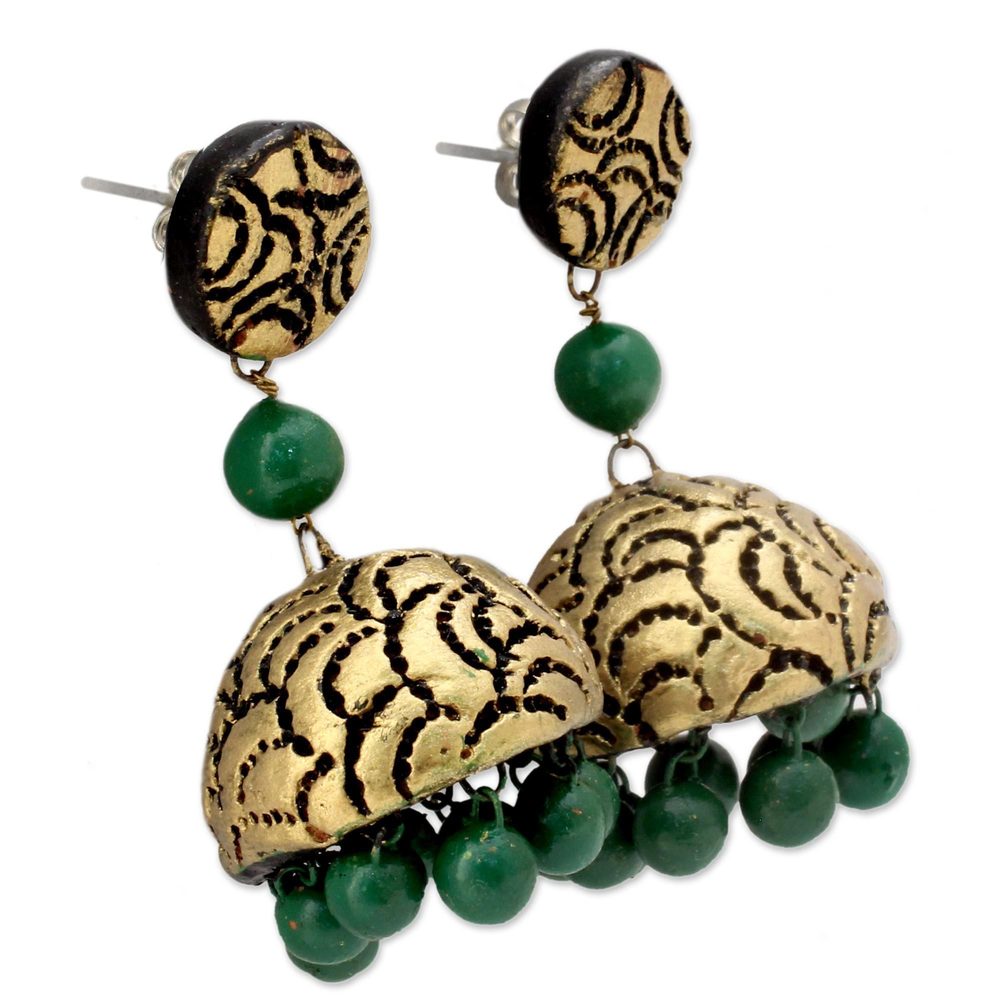 Handmade Sterling Silver Ceramic Golden Scallop Earrings (India) - 2*1