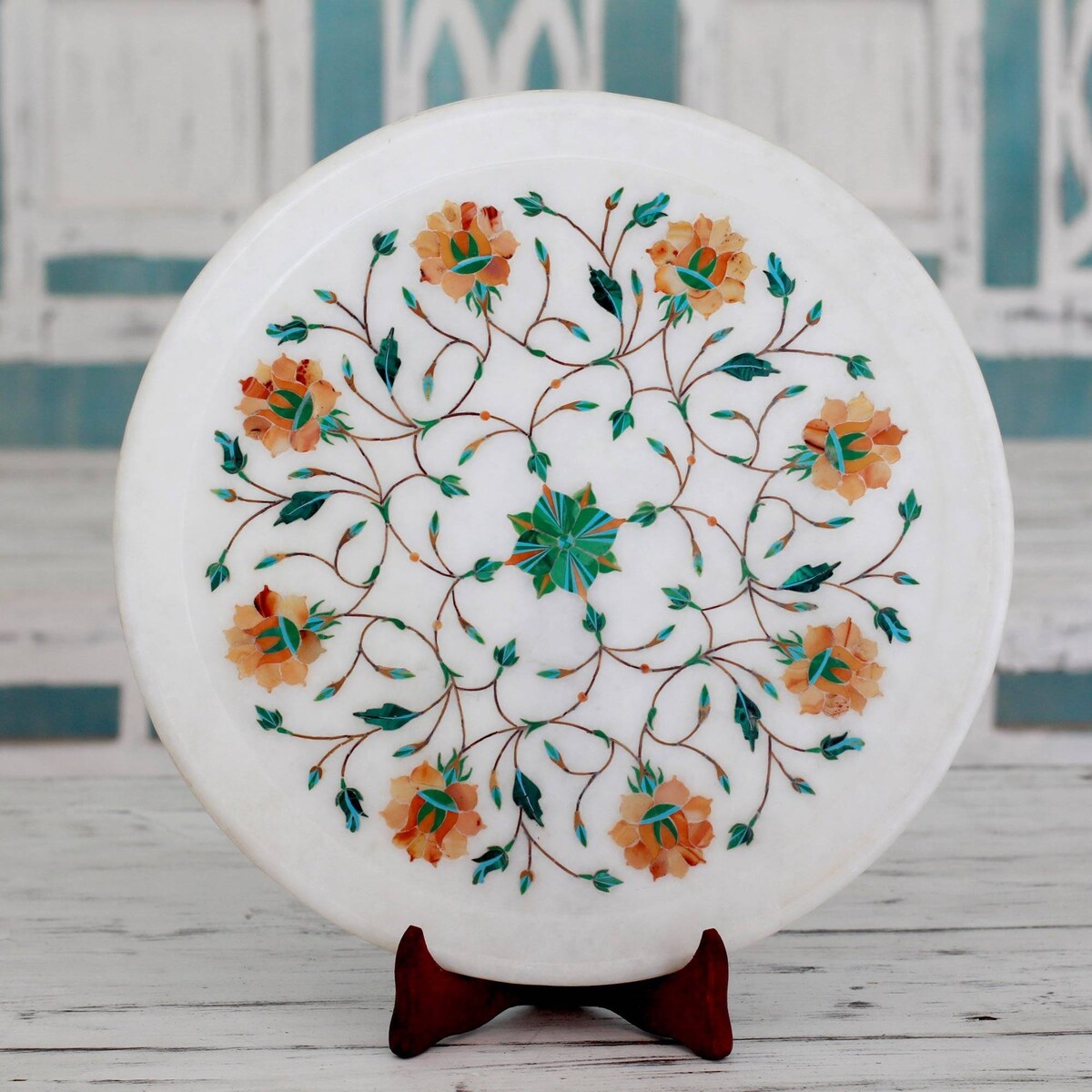 Handmade Summer Fantasy Marble inlay decorative plate (India)