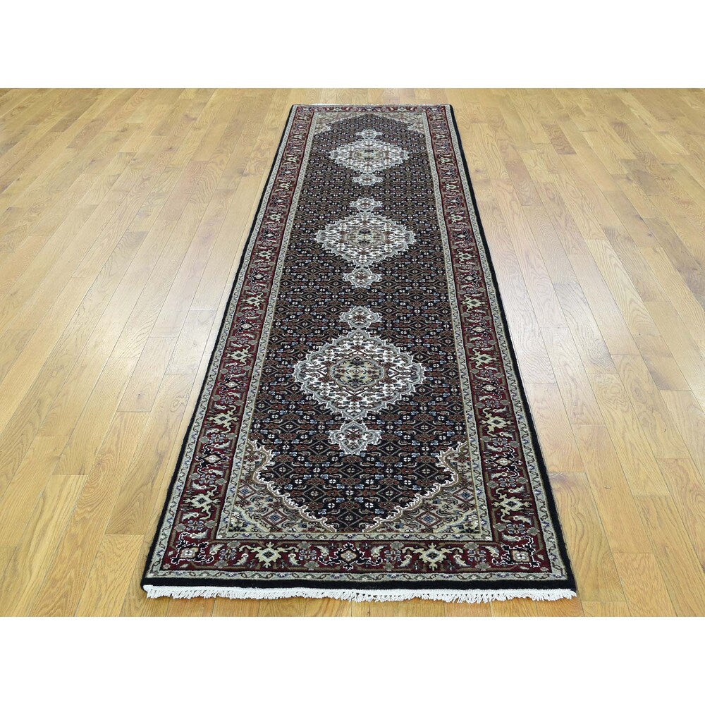Handmade Tabriz Mahi Wool and Silk Oriental Runner Rug